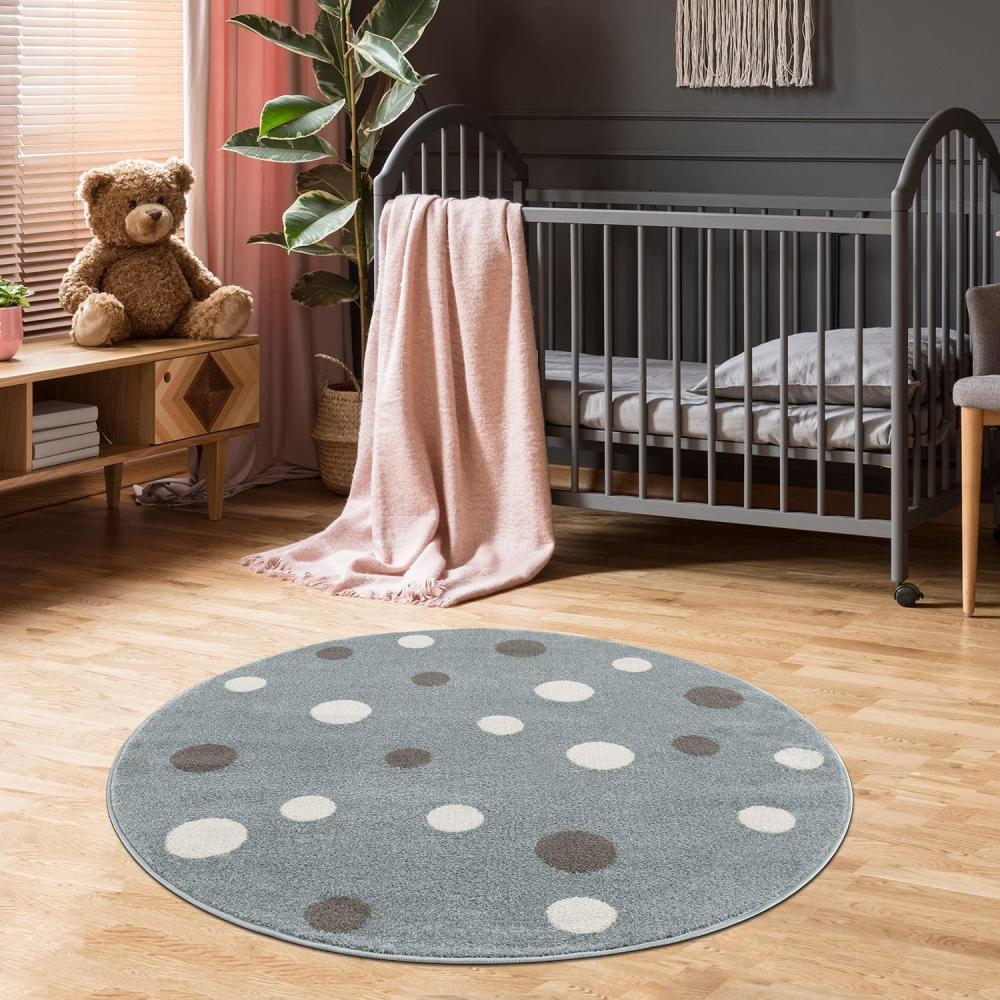 Jimri Kinderteppich DOTS l Pünktchen Gepunktet l Öko-Tex Siegel | Farbe: Beige Blau Rosa | Kinderzimmer/Jugendzimmer (Mint, Ø 150 cm Rund) Bild 1