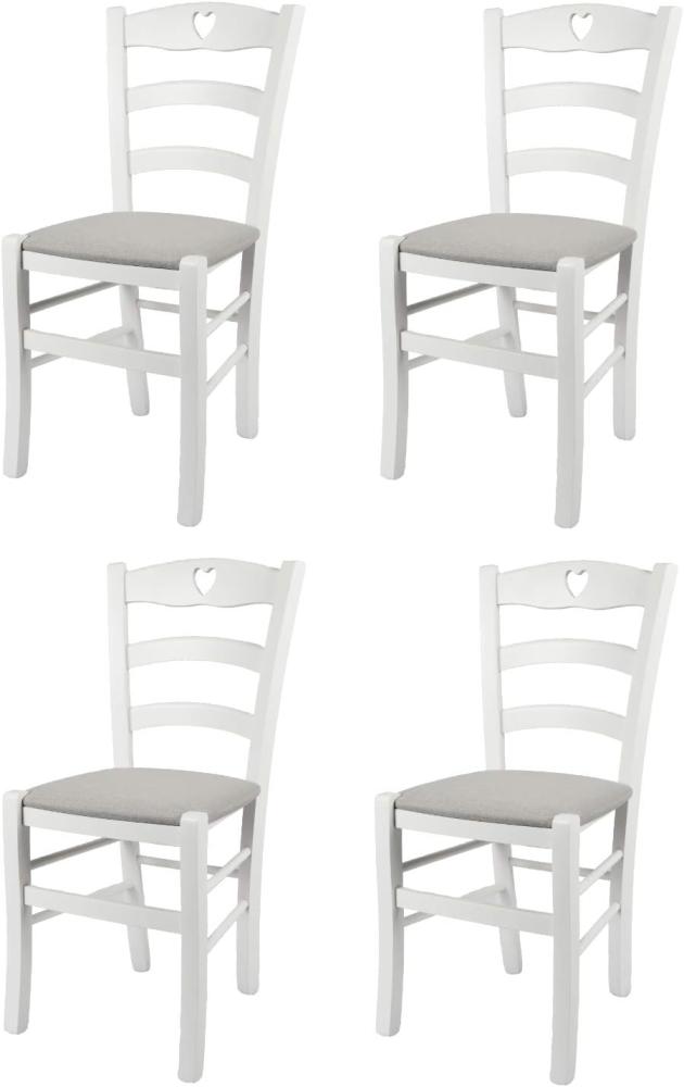 Tommychairs - 4er Set Stühle Cuore für Küche und Esszimmer, Robuste Struktur aus Buchenholz, deckend Weiss lackiert und gepolsterte Sitzfläche mit Stoff in der Farbe Perlgrau bezogen Bild 1