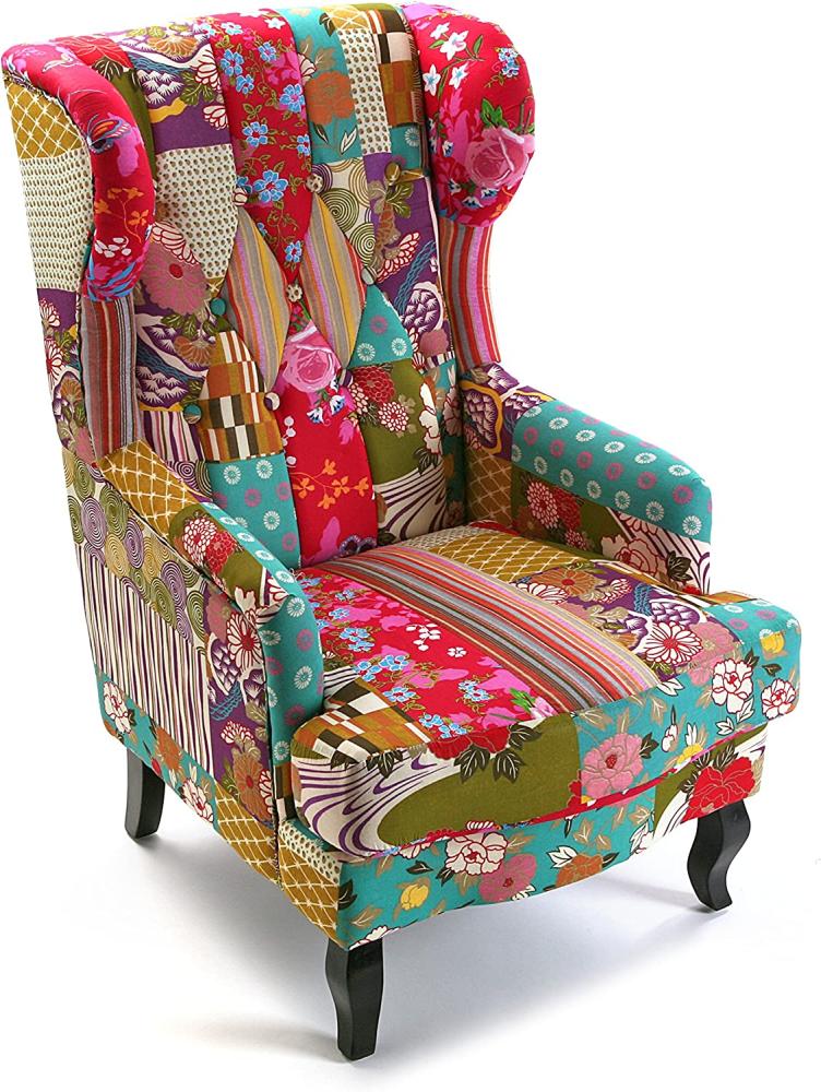 Versa Pink Patchwork Sessel für Wohnzimmer, Schlafzimmer oder Esszimmer, bequemer und anderer Sessel, mit Armlehnen, Maßnahmen (H x L x B) 103 x 79 x 62 cm, Baumwolle und Holz, Farbe: Rosa Bild 1