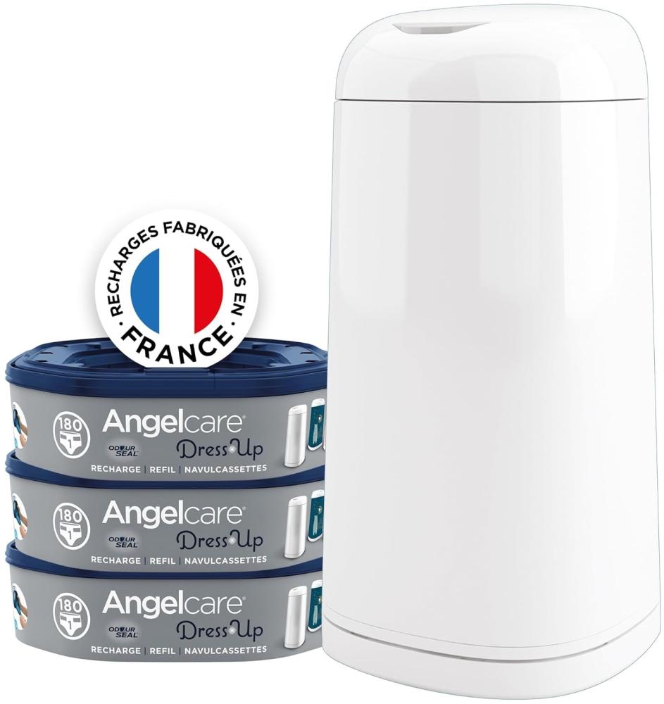 Angelcare Windeleimer + 3 Nachfüllpackungen gegen Gerüche, hohe Kapazität, antibakteriell, einfache Verwendung, Weiß Bild 1