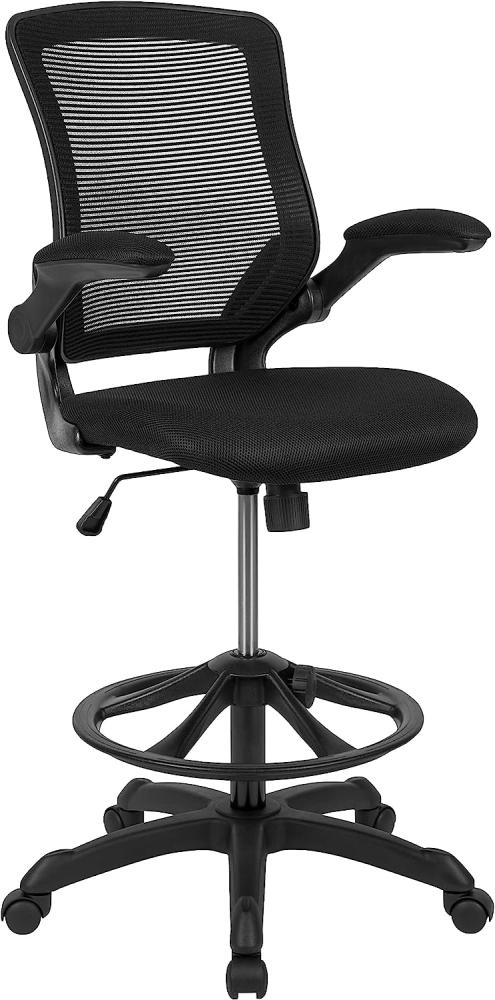 Flash Furniture Zeichenstuhl mit mittelhoher Rückenlehne – Ergonomischer Schreibtischstuhl mit hochklappbaren Armlehnen und verstellbarem Fußring – Bürostuhl für Home Office – Schwarz Bild 1