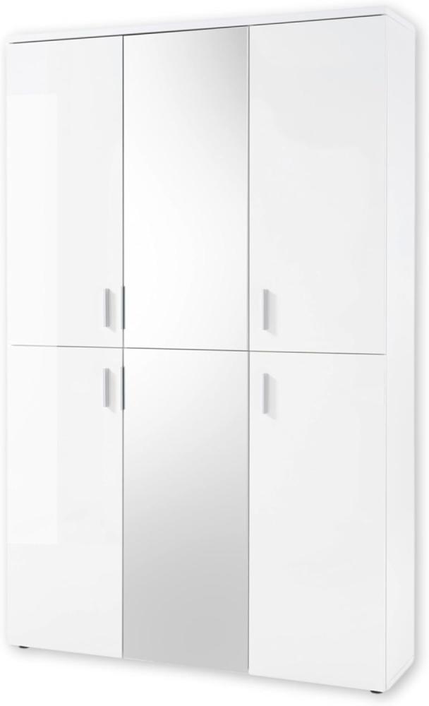 Stella Trading LINCOLN Schuhschrank hoch mit Spiegeltüren, Weiß Hochglanz - Vielseitiger Mehrzweckschrank mit 22 verstellbaren Einlegeböden - 120 x 190 x 35 cm (B/H/T) Bild 1