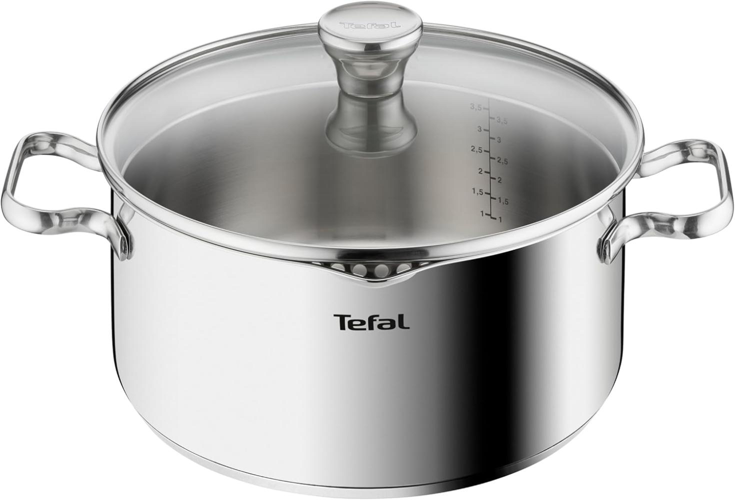 Tefal A70546 Duetto Kochtopf | 24 cm | induktionsgeeignet | einfache Reinigung in der Spülmaschine | Messskala | Glasdeckel zum Abgießen | Edelstahl Bild 1