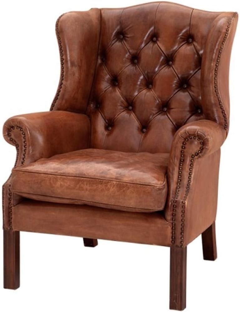 Luxus Echtleder Ohrensessel Chesterfield Vintage Braun - Sessel mit echtem Leder Bild 1