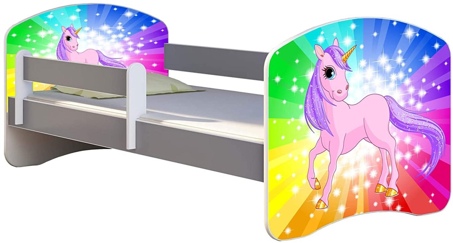 ACMA Kinderbett Jugendbett mit Einer Schublade und Matratze Grau mit Rausfallschutz Lattenrost II (18 Pony Regenbogen, 180x80) Bild 1