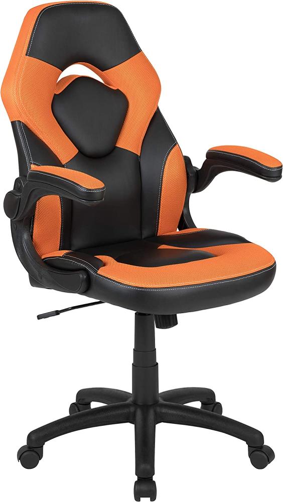 Flash Furniture Gaming Stuhl mit hoher Rückenlehne – Ergonomischer Bürosessel mit verstellbaren Armlehnen und Netzstoff – Perfekt als Zockerstuhl und fürs Home Office – Orange Bild 1