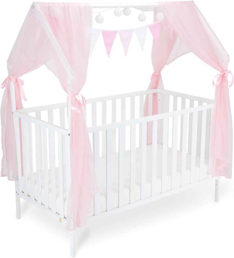 FabiMax Kinderbett Hausbett Schlafmütze, 70x140 cm, aus Kiefernholz weiß lackiert, mit Matratze Classic, mit rosaner Deko Bild 1