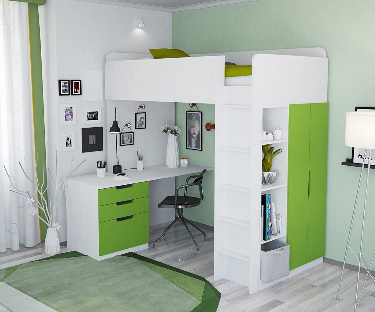 Polini Kids Funktions-Hochbett, weiß/grün inkl. Kleiderschrank und Schreibtisch Bild 1
