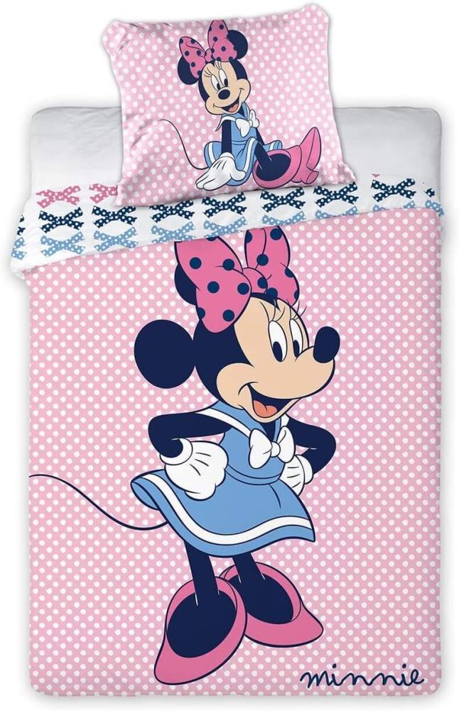 Disney Baby Bettwäsche Minnie Maus im blauen Kleid Schleife Punkte auf rosa Bettdecke 100x135 + Kopfkissen 40x60 cm, 100 % Baumwolle, Reißverschluss Bild 1