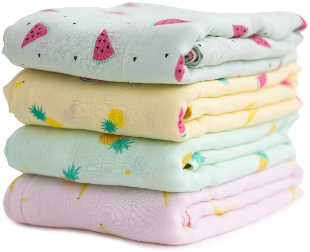 Cuddlebug „Tutti Frutti“ 4 Stück 120 cm x 120 cm lange Baby Decke für Babys | 5 Farbkollektionen | Musselin Decke | Babydecke Mädchen oder Jungen | Babydecke Baumwolle Bild 1