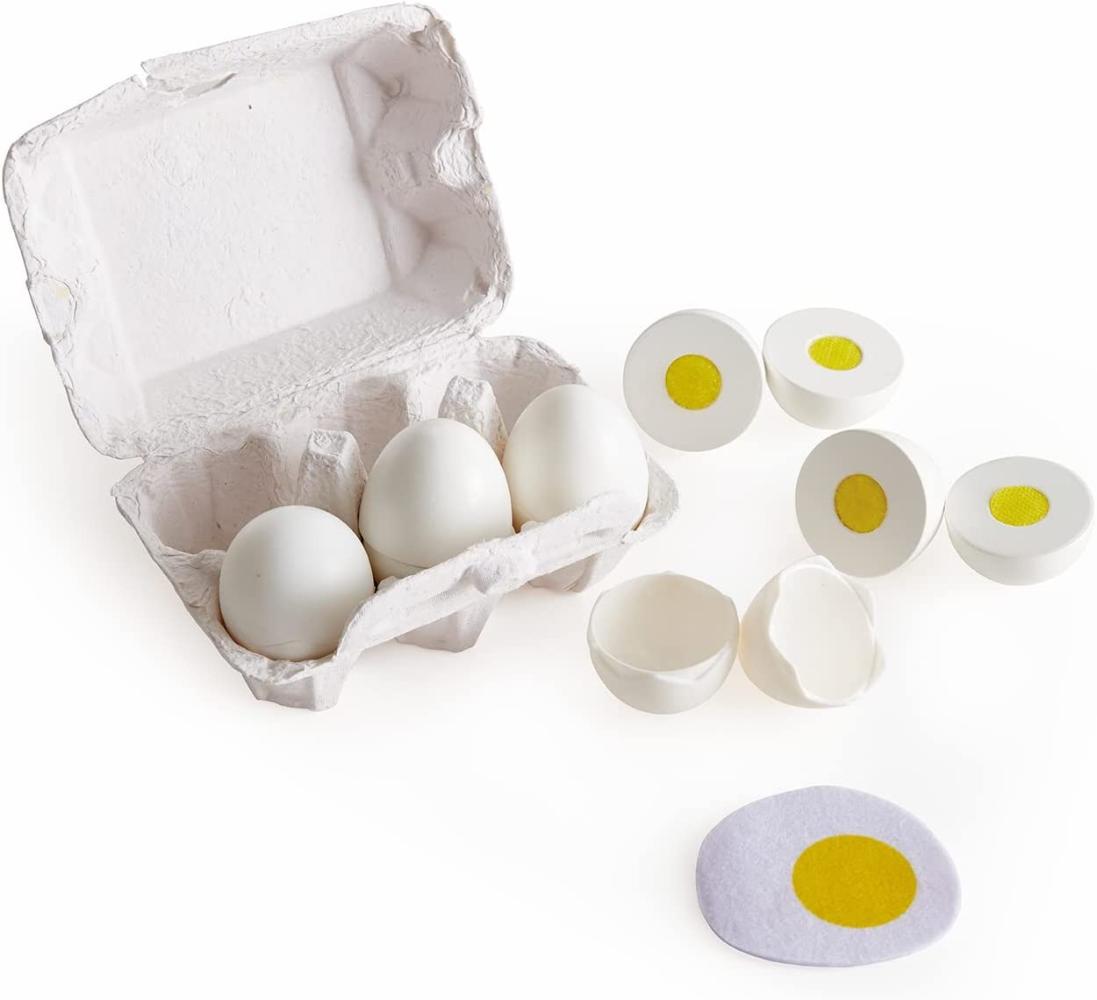 Hape E3156 - Eierkarton, mit 6 Eiern (drei hartgekochte Eier und drei Spiegeleier), Küchenspielzeugzubehör, Kaufladenzubehör Bild 1