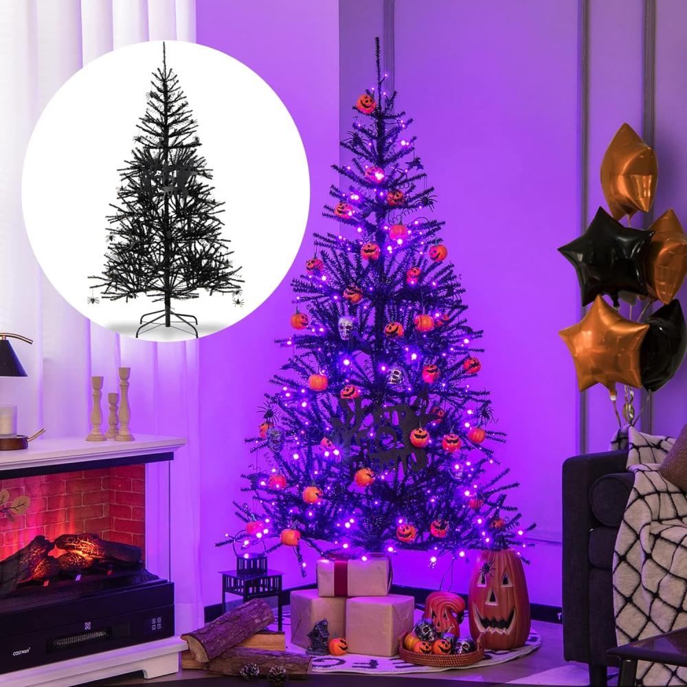 COSTWAY 183cm Künstlicher Weihnachtsbaum beleuchtet, 250 LED-Leuchten in Lila, Tannenbaum Schwarz für Halloween und Weihnachten, Dekobaum mit 791 PVC-Spitzen, Schmuck & Metallständer Bild 1