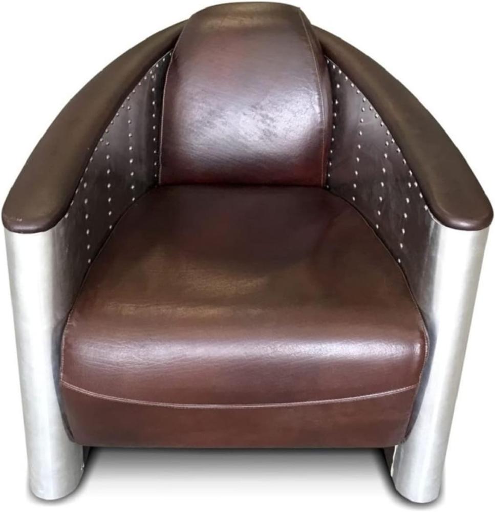 Casa Padrino Luxus Art Deco Leder Sessel 80 x 95 x H. 90 cm - Verschiedene Farben - Aluminium Wohnzimmer Sessel mit Echtleder - Aluminium Flugzeug Flieger Sessel Möbel Bild 1