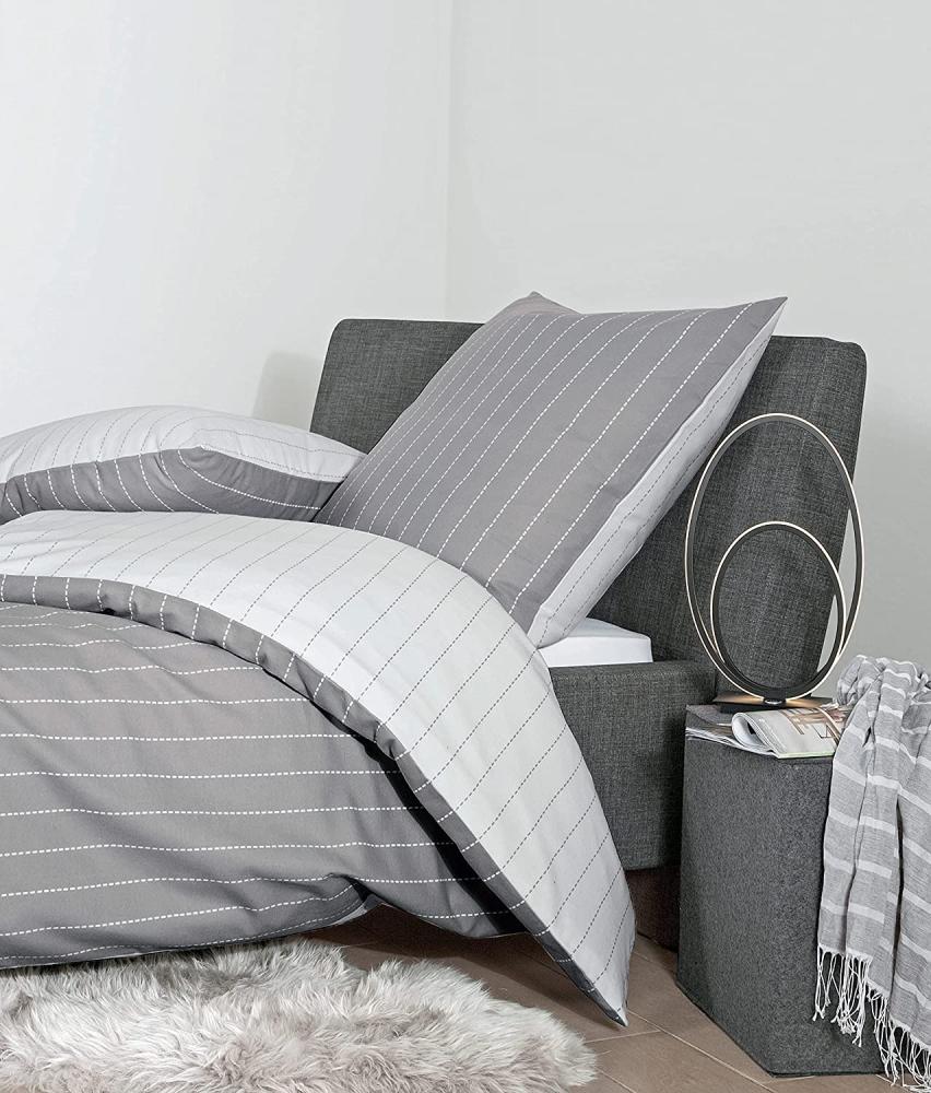 Janine Feinbiber-Bettwäsche Davos Nadelstreifen Design 65112-08 135 x 200 cm + 80 x 80 cm silber grau weiß Bild 1