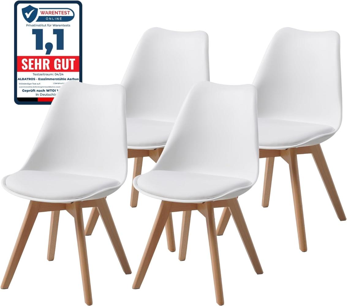 ALBATROS Esszimmerstühle AARHUS 4-er Set, Weiß mit Beinen aus Massiv-Holz, Buche, skandinavisches Retro-Design Bild 1