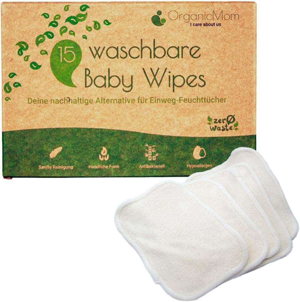 OrganicMom® 15 Waschbare Baby Pflegetücher aus Bambus, inkl. Wäschenetz, nachhaltige waschbare Feuchttücher, Ersatz für Einweg-Feuchttücher, Baby Waschlappen Bambus, Reinigungstücher Bild 1