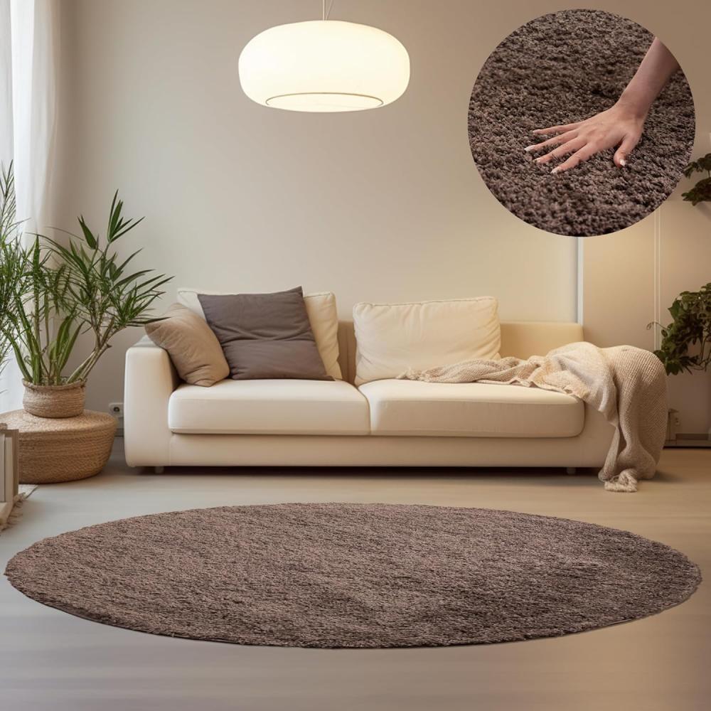 HomebyHome Hochflor Runder Teppich 160 cm Rund Einfarbig Taupe Teppich Langflor Shaggy Modern Teppich für Wohnzimmer, Schlafzimmer, Pflegeleicht Flauschig Weich Rund Großer Teppich Bild 1