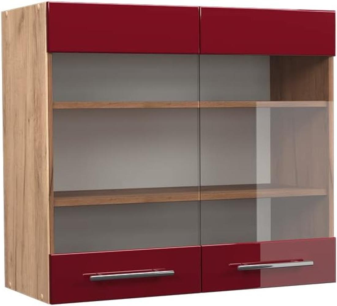 Vicco Küchenschrank Küchenmöbel Fame-Line modern Küche Einbauküche Küchenzeile Blende Unterschrank Hochschrank Hängeschrank Hochglanz (Eiche-Rot, Hängeglasschrank 80 cm) Bild 1