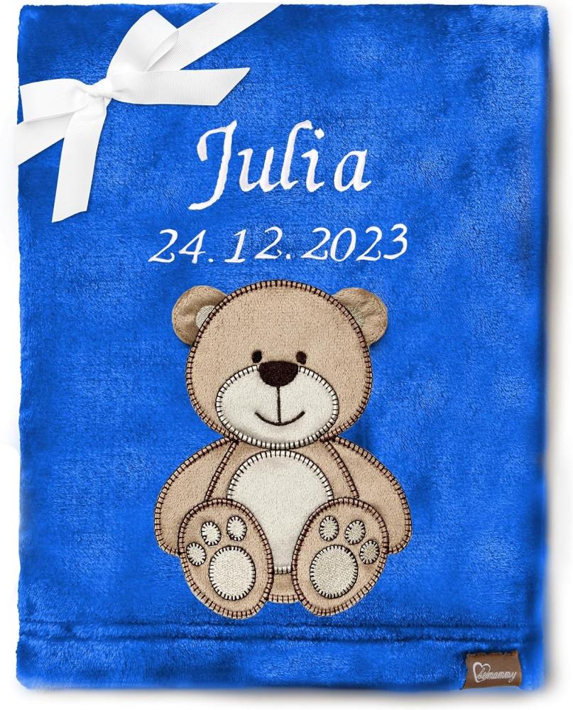 Be Mammy Personalisierte Babydecke mit 3D Applikation Warme Kuscheldecke mit Namen und Geburtsdatum; Perfektes Baby Geschenk; Blanket; Krabbeldecke BE20-280 (Dunkelblau - Bär) Bild 1