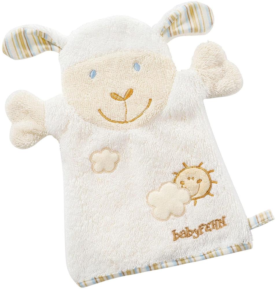 Fehn 397482 Waschhandschuh Schaf / Waschlappen mit Tiermotiv für fröhlichen Badespaß, für Babys und Kinder ab 0+ Monaten Bild 1