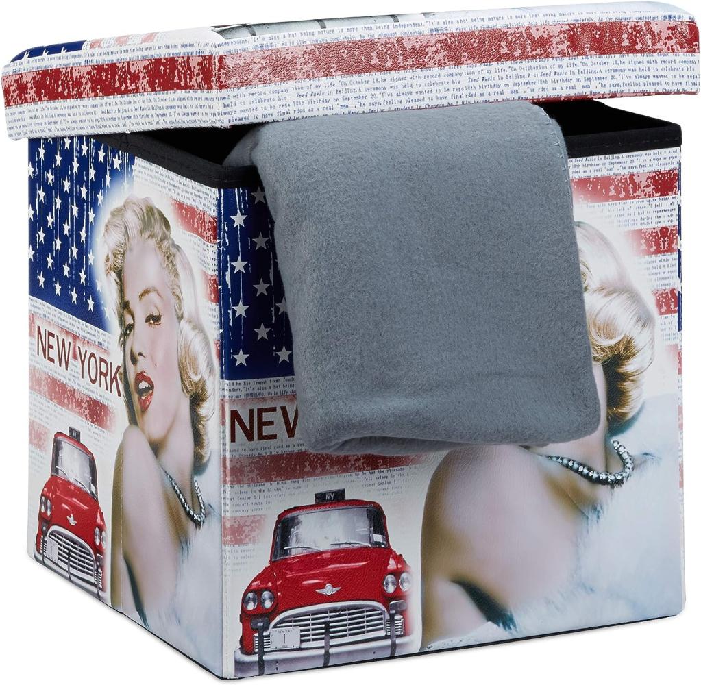 Relaxdays Faltbarer Sitzhocker Marilyn Monroe 38 cm stabiler Falthocker mit trendigen Motiven als praktische Ablage als Sitzwürfel mit bedrucktem Kunstleder als Aufbewahrungsbox mit Stauraum, New York Bild 1