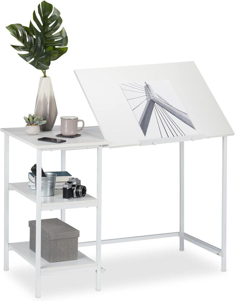 Relaxdays Schreibtisch neigbar, 3 Ablagen, mehrere Winkel, Computer- & Arbeitstisch, HxBxT: 75 x 110 x 55 cm, Weiß Bild 1