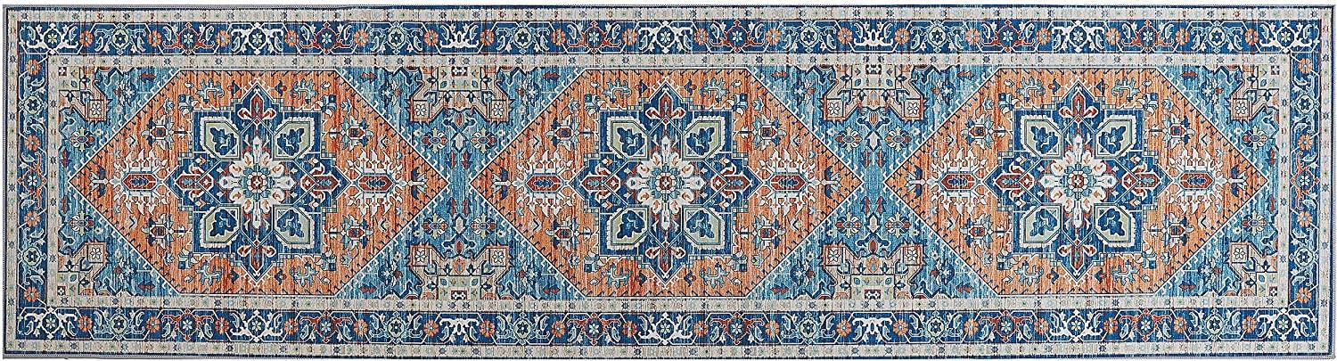 Teppich blau orange orientalisches Muster 80 x 300 cm Kurzflor RITAPURAM Bild 1