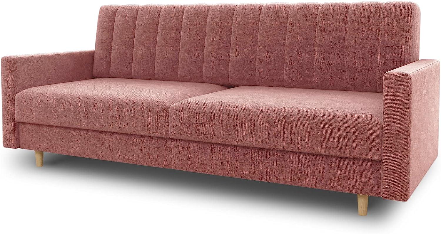 Schlafsofa Sara - Sofa mit Schlaffunktion und Bettkasten, Bettsofa mit Wellenfeder, Schlafcouch mit Holzfüße, Couch vom Hersteller, Couchgarnitur, Velours (Pink (Kronos 29)) Bild 1