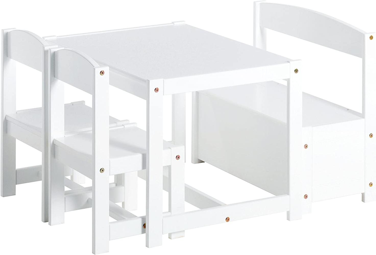 Hoppekids Mathilde Kindersitzgruppe mit 1 Kindertisch, 2 Kinderstühle und 1 Bank teilmassiv sehr stabil, Holz, weiß , 64 x 74 x 56 cm Bild 1