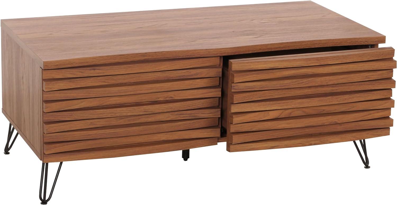 Couchtisch HWC-M49, Wohnzimmertisch Tisch, 3D-Design 2 Schubladen Massiv-Holz Mango Metall 46x110x55cm ~ Walnuss-Optik Bild 1