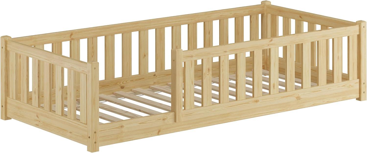 Baby-Bett, Holzbett 90x200 mit Rundumsicherung Kiefer natur lackiert V-60. 77-09Rollrost inkl. Bild 1