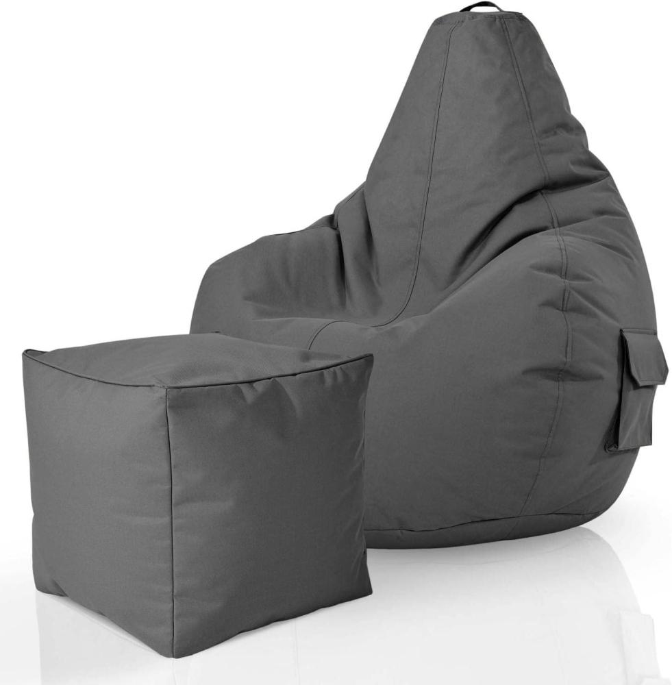 Green Bean© 2er Set Sitzsack + Hocker "Cozy+Cube" - fertig befüllt - Bean Bag Bodenkissen Lounge Sitzhocker Gamingstuhl Pouf - Grau Bild 1