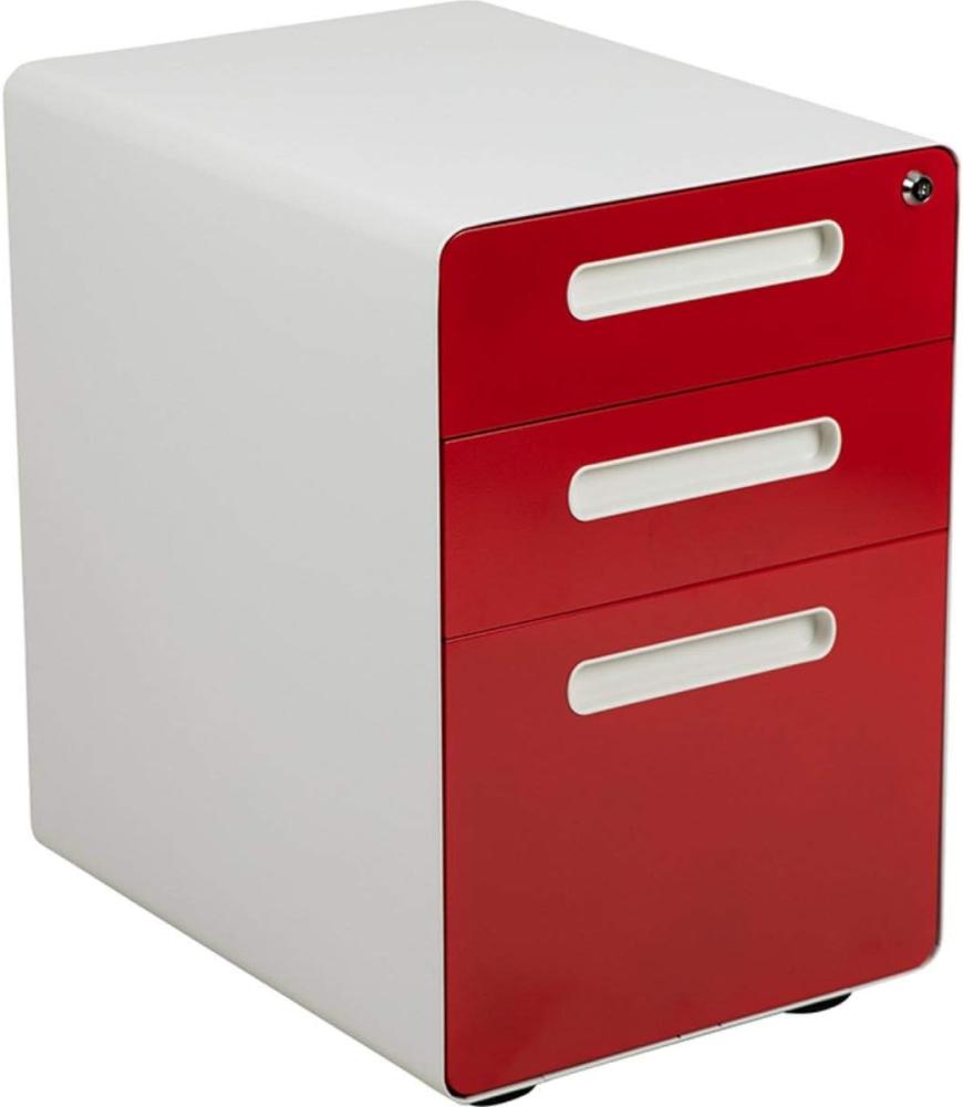 Flash Furniture Ergonomischer Aktenschrank mit 3 Schubladen, mit Kippmechanismus, Brief-/Rechtsschublade, Weiß mit roter Frontplatte Bild 1