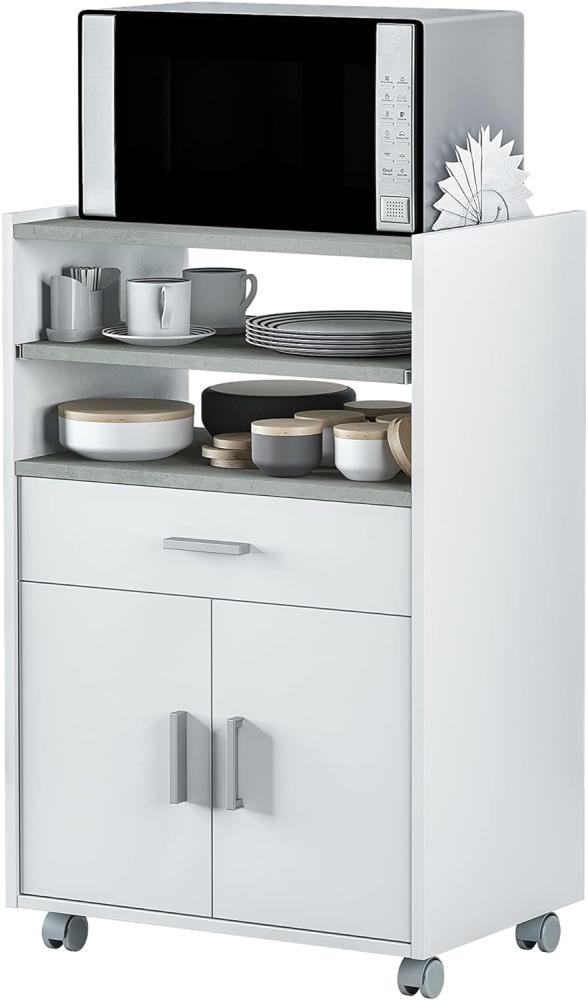 Zusatzschrank für Mikrowelle, Küchentisch mit Schublade und zwei Türen, Weiß- und Zementfarbe, Maße: 92 cm (Höhe) x 59 cm (Breite) x 40 cm (Tiefe) Bild 1