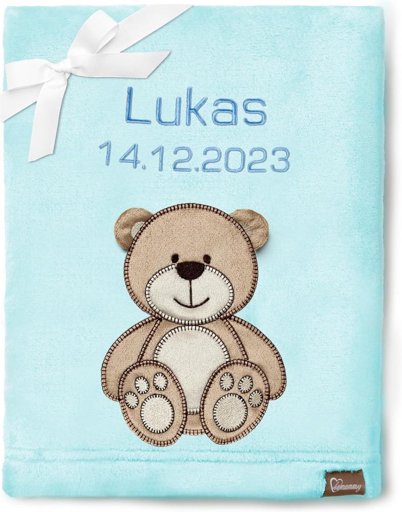 Be Mammy Personalisierte Babydecke mit 3D Applikation Warme Kuscheldecke mit Namen und Geburtsdatum; Perfektes Baby Geschenk; Blanket; Krabbeldecke BE20-280 (Puderblau - Bär) Bild 1