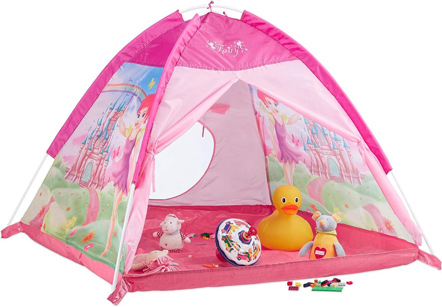 Relaxdays Spielzelt für Mädchen, Kinderspielzeit mit Feen-Schloss, Spielhaus für Innen & Außen, HBT 90x118x115 cm, Pink Bild 1