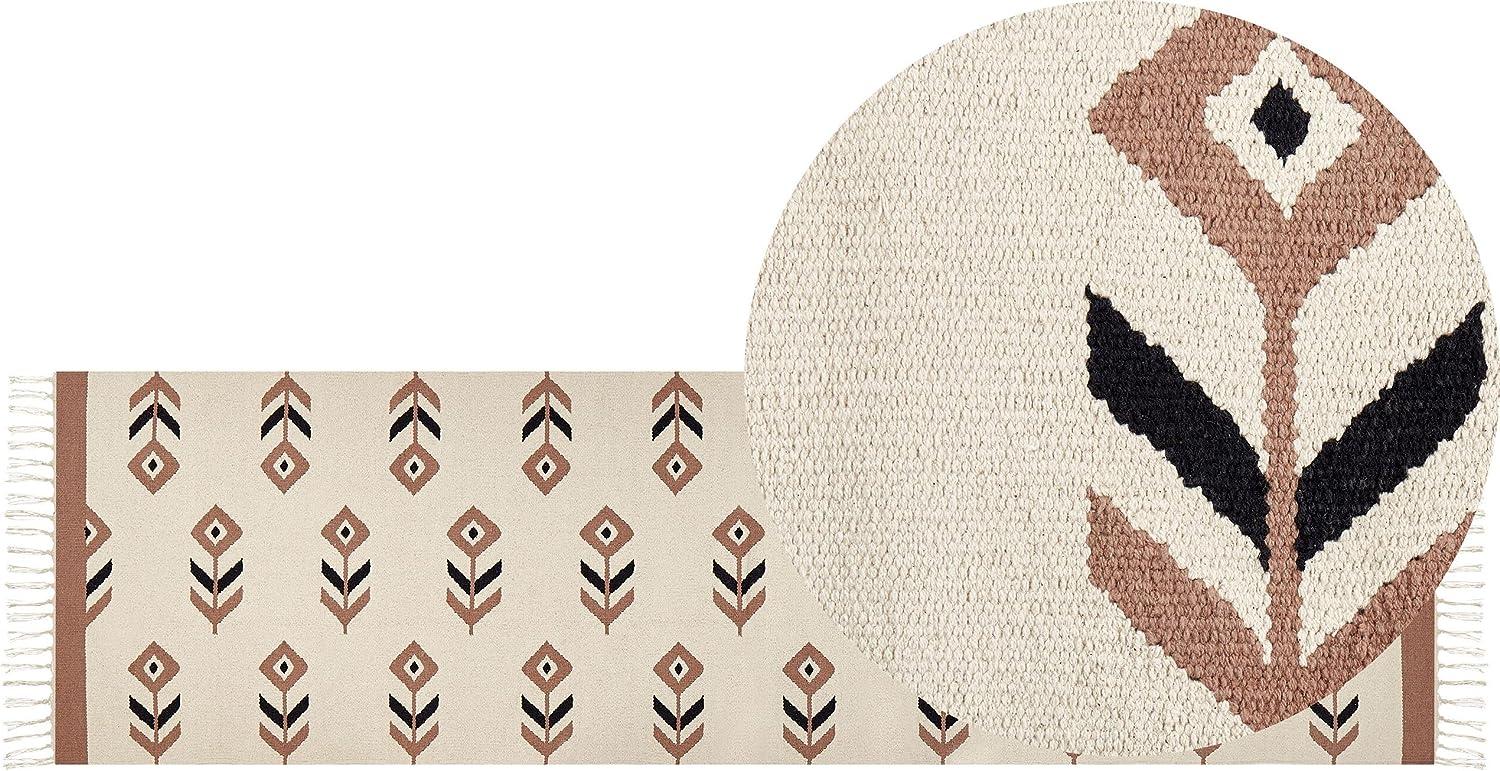 Kelim Teppich Baumwolle beige schwarz 80 x 300 cm geometrisches Muster Kurzflor NIAVAN Bild 1