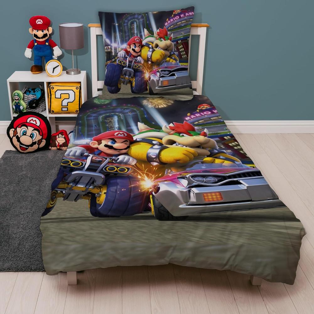 Nintendo Super Mario Kart Bettwäsche für Jungen Kinderbettwäsche 135x200 80x80 cm aus 100% Baumwolle Motiv Bump mit Bowser Bild 1