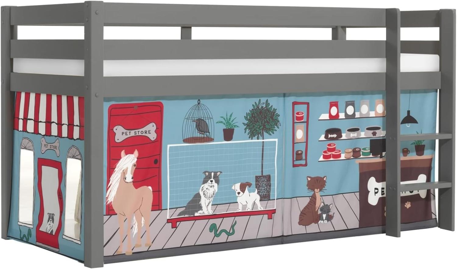 Vipack 'Pino' Halbhochbett 90x200 cm, grau, Kiefer massiv, mit Textilset 'Pet Shop' Bild 1