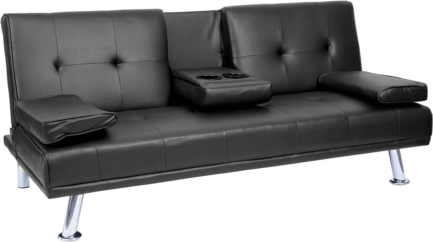 3er-Sofa HWC-F60, Couch Schlafsofa Gästebett, Tassenhalter verstellbar 97x166cm ~ Kunstleder, schwarz Bild 1
