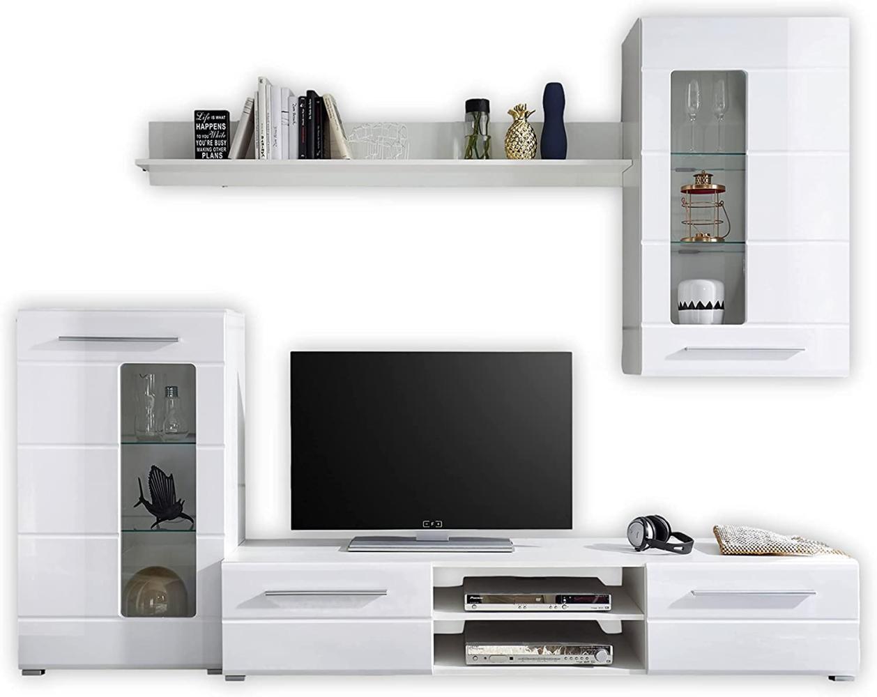 Stella Trading ENRIQUE Wohnwand Komplett-Set in Hochglanz Weiß - Moderne Schrankwand mit schöner LED-Beleuchtung für Ihr Wohnzimmer - 240 x 190 x 42 cm (B/H/T) Bild 1