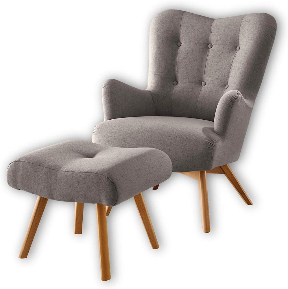 Stella Trading ARNDT Sessel mit Hocker und geknöpfter Polsterung, Grey - Wohnzimmer Fernsehsessel mit Massivholz Füßen & Microvelours Bezug - 77 x 101 x 100 cm (B/H/T) Bild 1