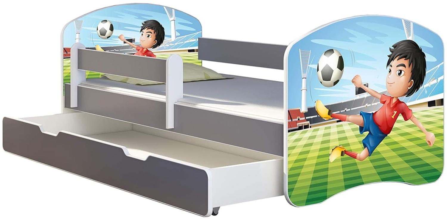 ACMA Kinderbett Jugendbett mit Einer Schublade und Matratze Grau mit Rausfallschutz Lattenrost II (13 Fußballer, 160x80 + Bettkasten) Bild 1