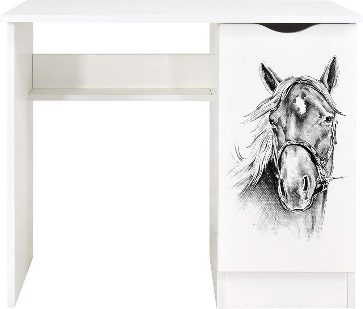 Weiß Kinderschreibtisch - ROMA - Möbel für Kinderzimmer, UV-Druck: Porträt eines Pferdes Bild 1