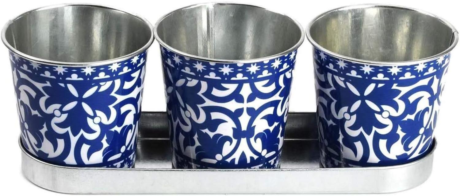 Esschert Design Portugiesisches 3er Topfset auf Tray, Blumentopf, Ø 7 x H12 cm, blau-weißes Design, Pflanzentopf Bild 1