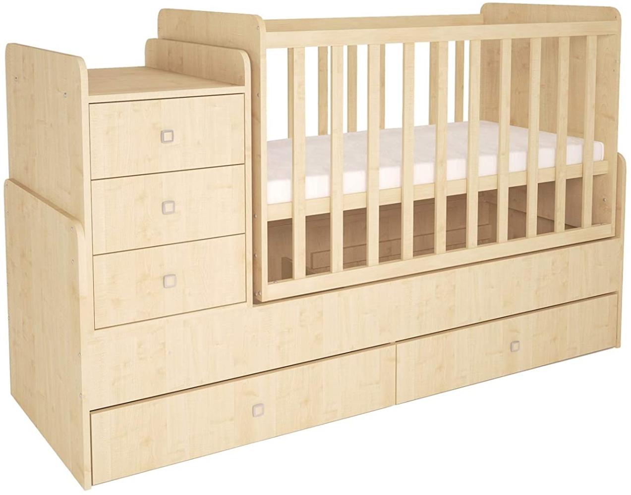Polini Kids 'Simple 1100' Kombi-Kinderbett 60 x 120/170 cm, natur, höhenverstellbar, mit Schaukelfunktion, inkl. Kommode Bild 1