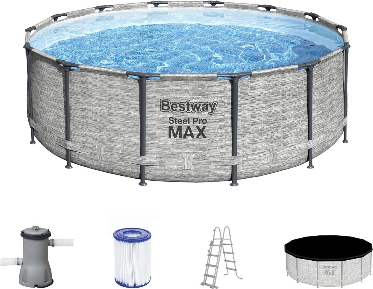 Steel Pro MAX™ Frame Pool Komplett-Set mit Filterpumpe Ø 427 x 122 cm, Steinwand-Optik (Cremegrau), rund Bild 1