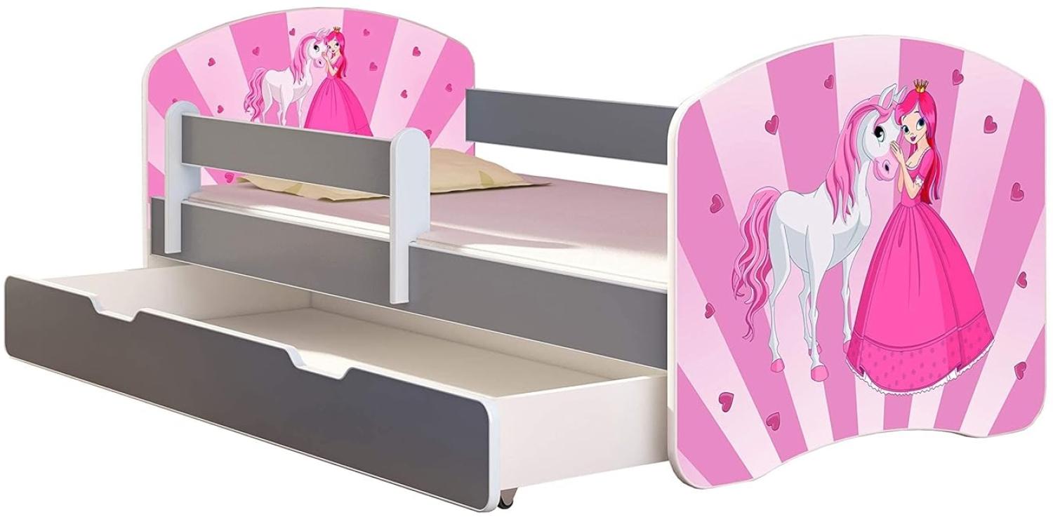 ACMA Kinderbett Jugendbett mit Einer Schublade und Matratze Grau mit Rausfallschutz Lattenrost II (08 Princess, 180x80 + Bettkasten) Bild 1