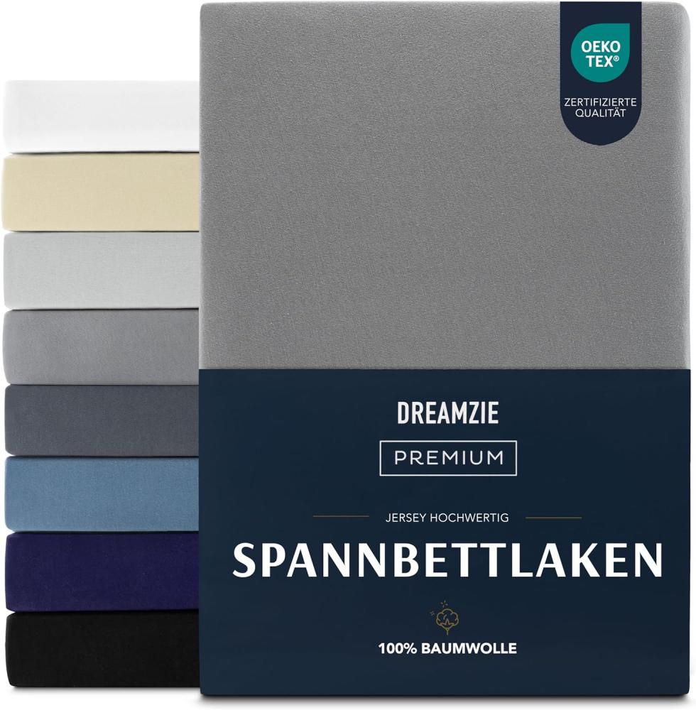 Dreamzie Premium Spannbettlaken 180x200 cm, Spannbetttuch für Dicke Matratzen bis zu 27 cm, Bettlaken 100% Jersey Baumwolle, 150 g/m², Oeko-TEX zertifiziert - Anthrazit Bild 1