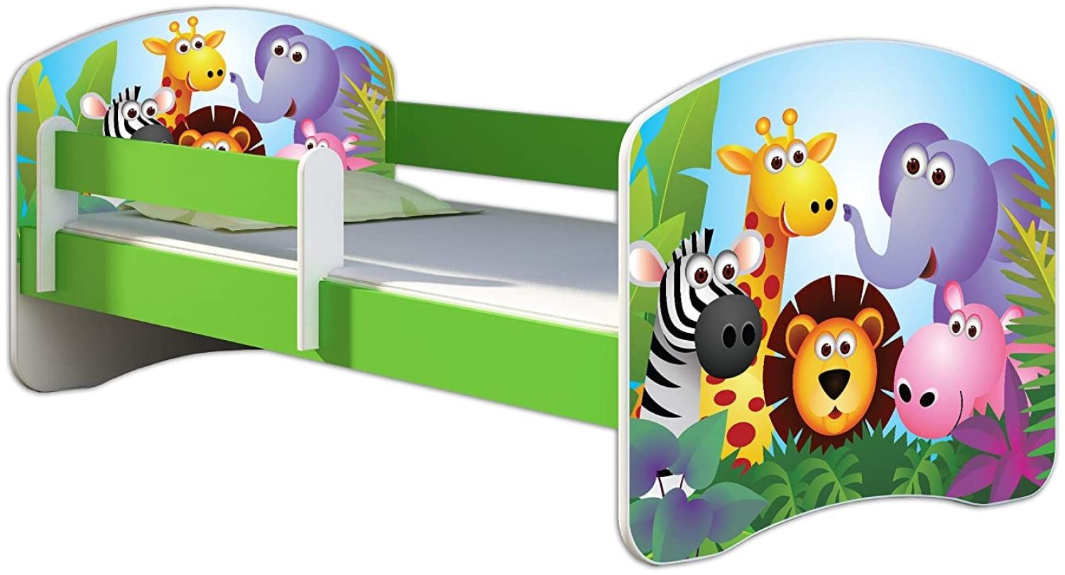 ACMA Kinderbett Jugendbett mit Einer Schublade und Matratze Grün mit Rausfallschutz Lattenrost II 140x70 160x80 180x80 (01 Zoo, 140x70) Bild 1